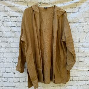Eileen Fisher Cardigan Jacket 100% Linen Hooded Lagenlook Open Front Brown Large